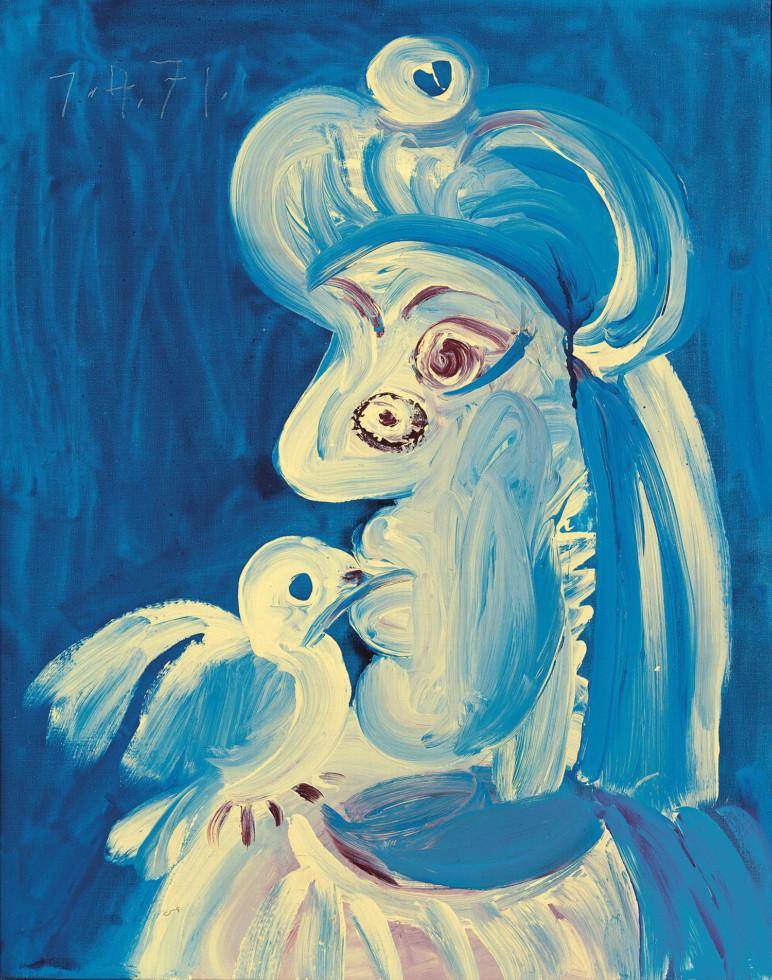 Pablo Picasso, Femme à l'oiseau (Woman with Bird) April 7, 1971 (I). Fundación Almine y Bernard Ruiz-Picasso, Madrid © Succession Picasso/Bildupphovsrätt 2025. Photo: Marc Domage © FABA